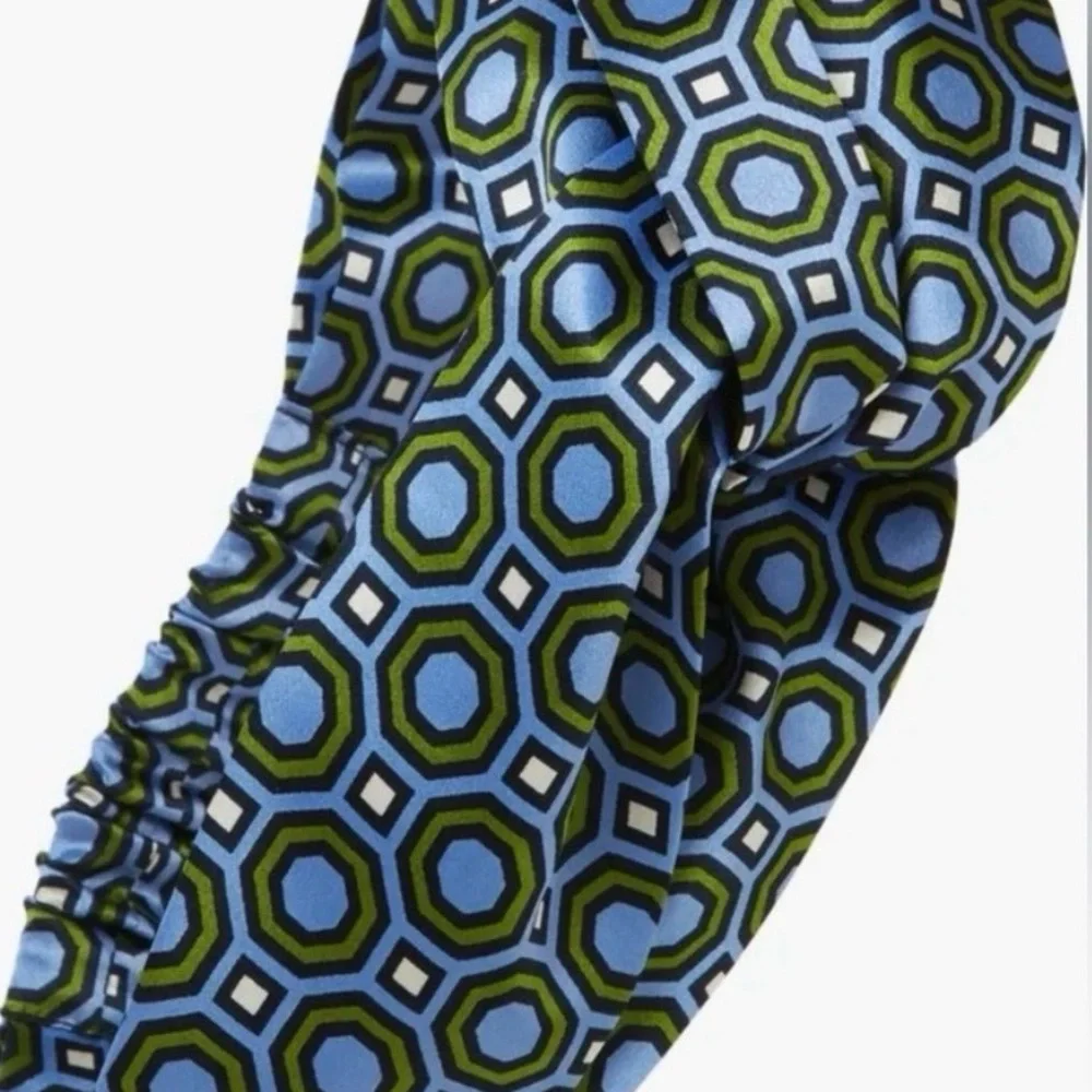 Tory Burch Silk Headband in Blue and Green Geometric Octagon Print. NWT.